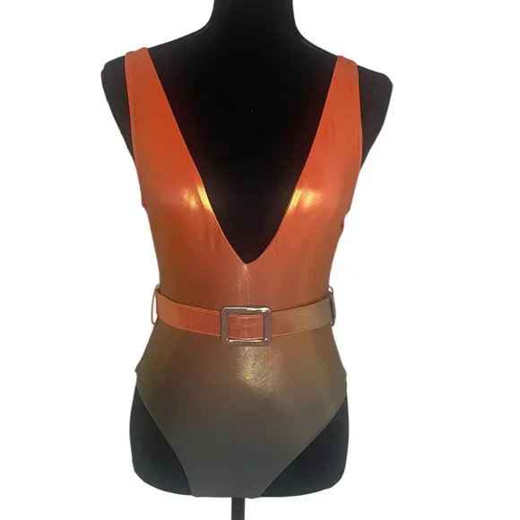 Normaillot  Orange Rainbow One Piece Swimsuit Shiny Orange & Gray Gradient - Picture 4 of 7